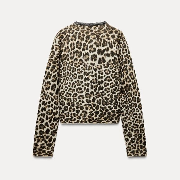 ZARA JACQUARD KNIT ANIMAL PRINT JEWELED NECKLINE CARDIGAN - Picture 8 of 9
